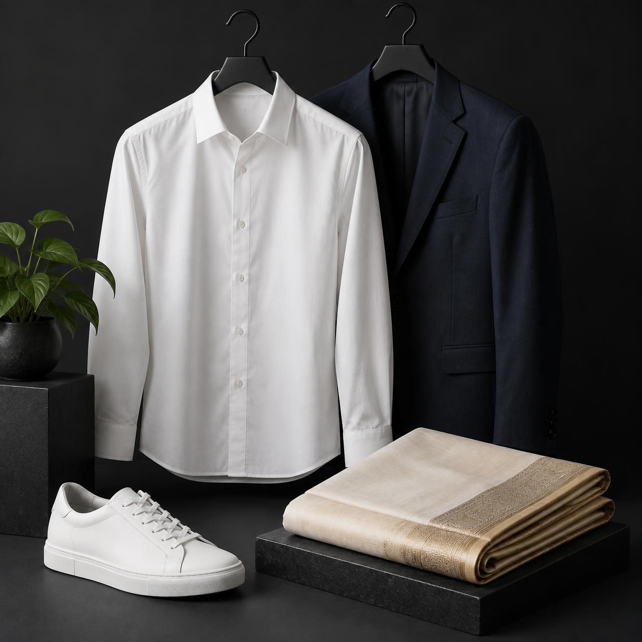 Freshly dry-cleaned shirt, blazer, silk saree and sneakers